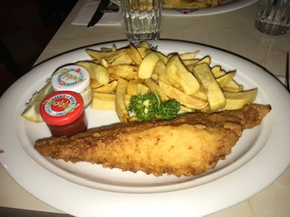 Fish and chips dinner in London at Poppies restaurant