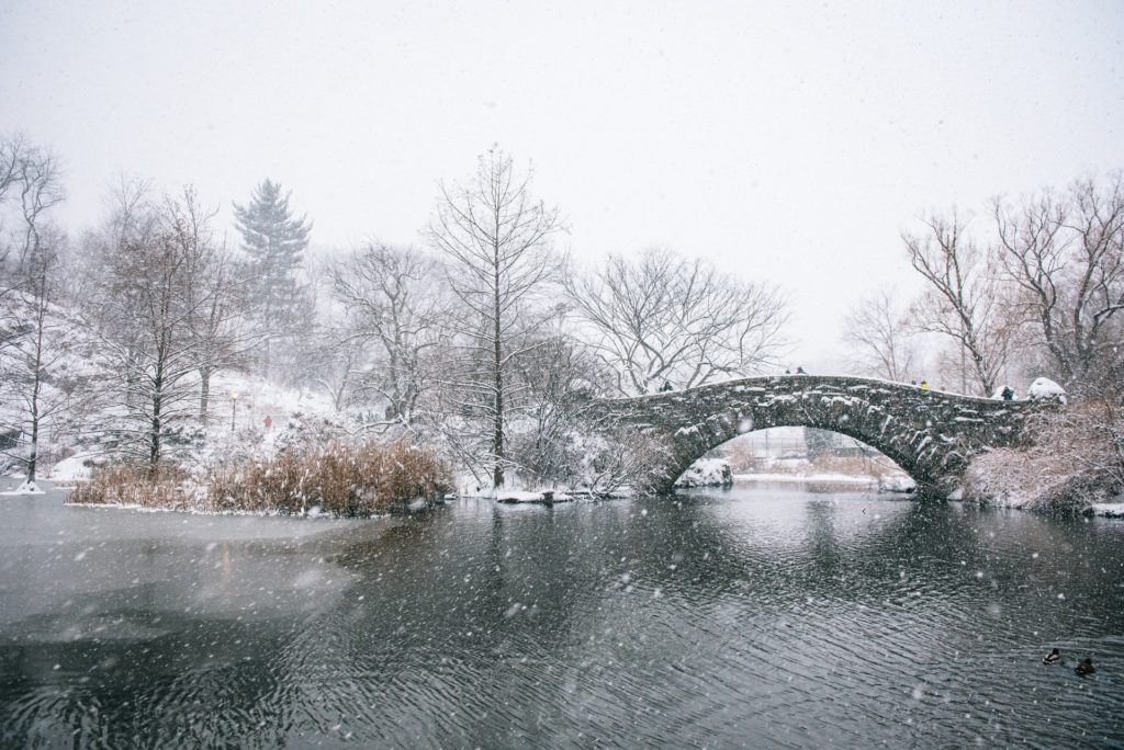 alt txt = "Overhead bridge atop of water during a snowy overcast day."