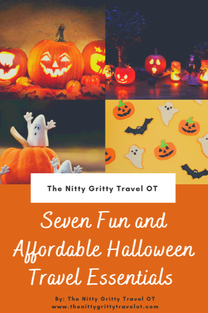 alt = "Halloween travel essentials Pinterest pin with ghosts, pumpkins, and bats".