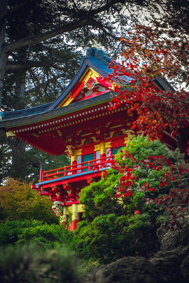 alt txt = "Tall red and yellow pagoda in the Japanese Tea garden."