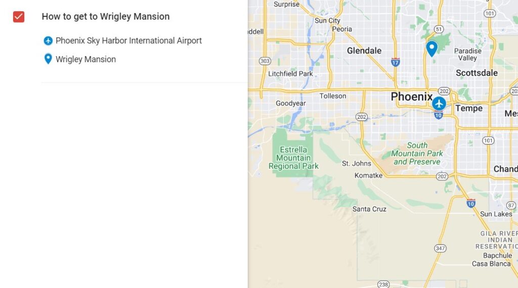 alt txt = "Wrigley Mansion map with directions." 