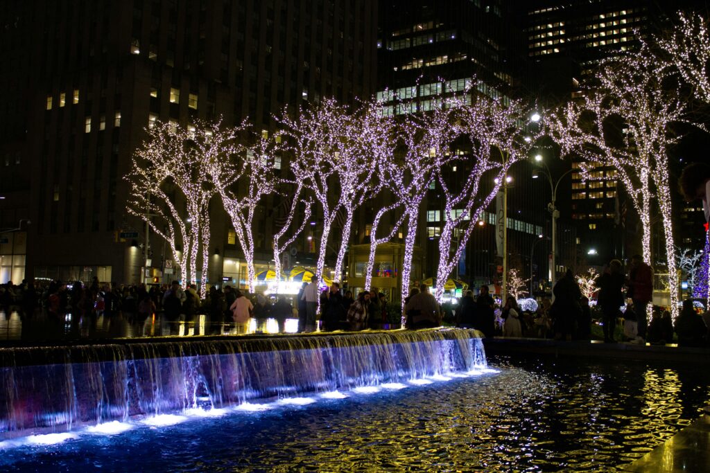 alt txt = "A group of people standing surrounded by Christmas lights in New York City".