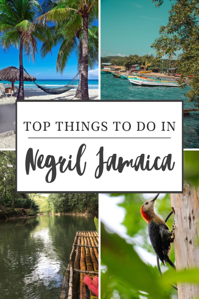 alt txt = "Bamboo raft, palm trees, a bird and boats Pinterest pin of Negril Jamaica".