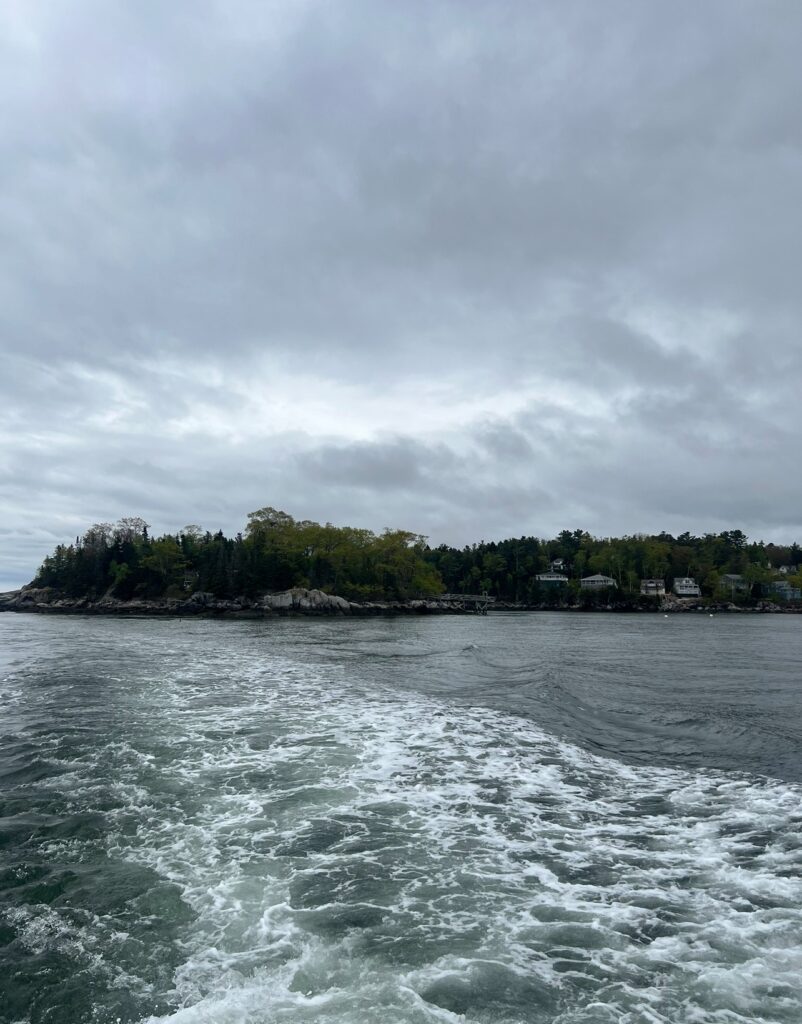 View from the back of a boat showing foamy wake trailing through a calm, gray ocean. In the distance, a small, tree-covered island with rocky shores and a few coastal homes sits beneath a cloudy, overcast sky.
