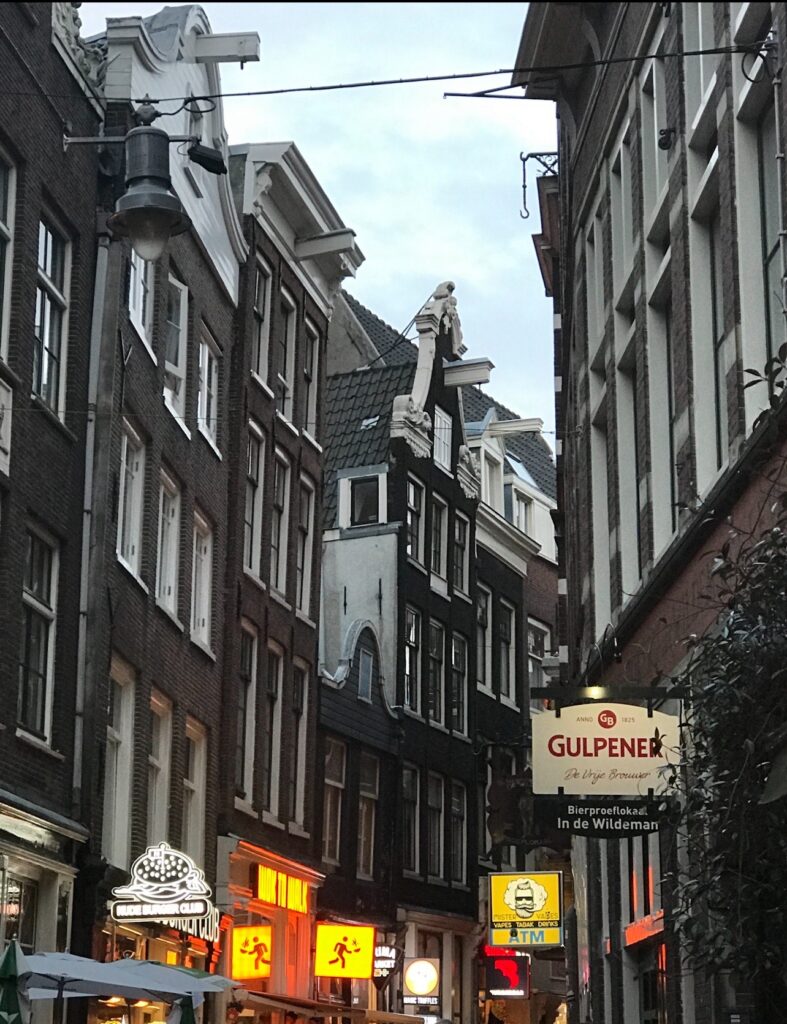 Narrow street in Amsterdam – Tall, narrow Dutch canal houses with gabled facades line a cozy street in Amsterdam. Neon signs for bars and restaurants glow at street level, while ornate rooflines stand out against the evening sky.